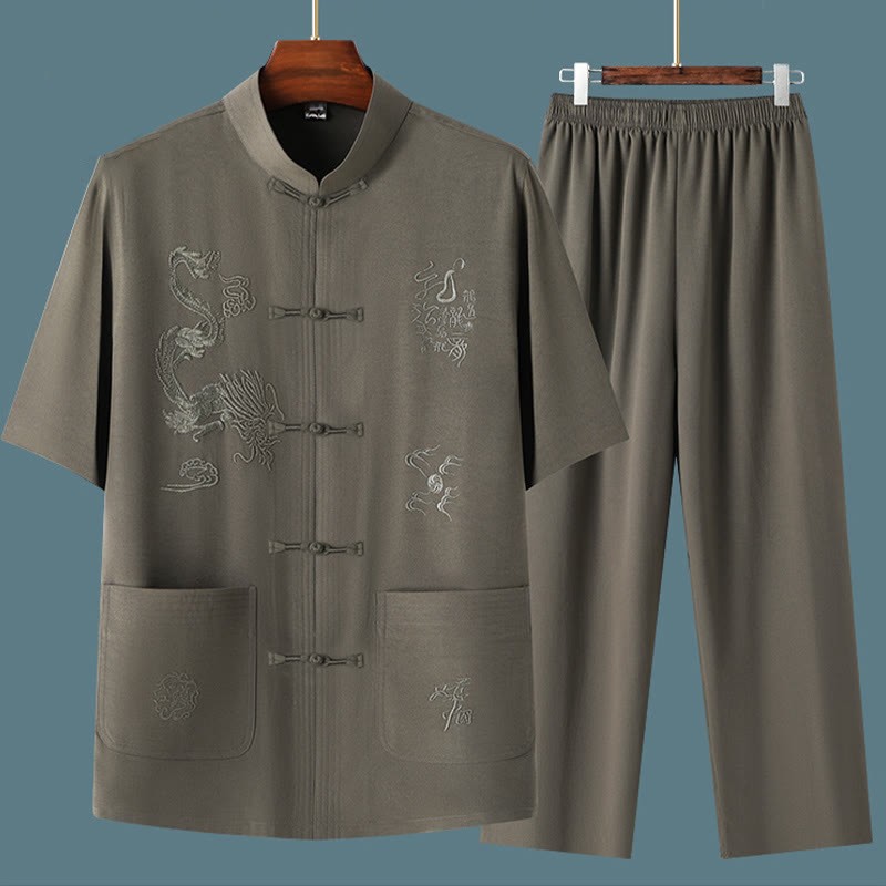 Tang Suit Hanfu Chinese Dragon Traditional Kung Fu Uniform Short Sleeve Tops and Pants Clothing Men's Set
