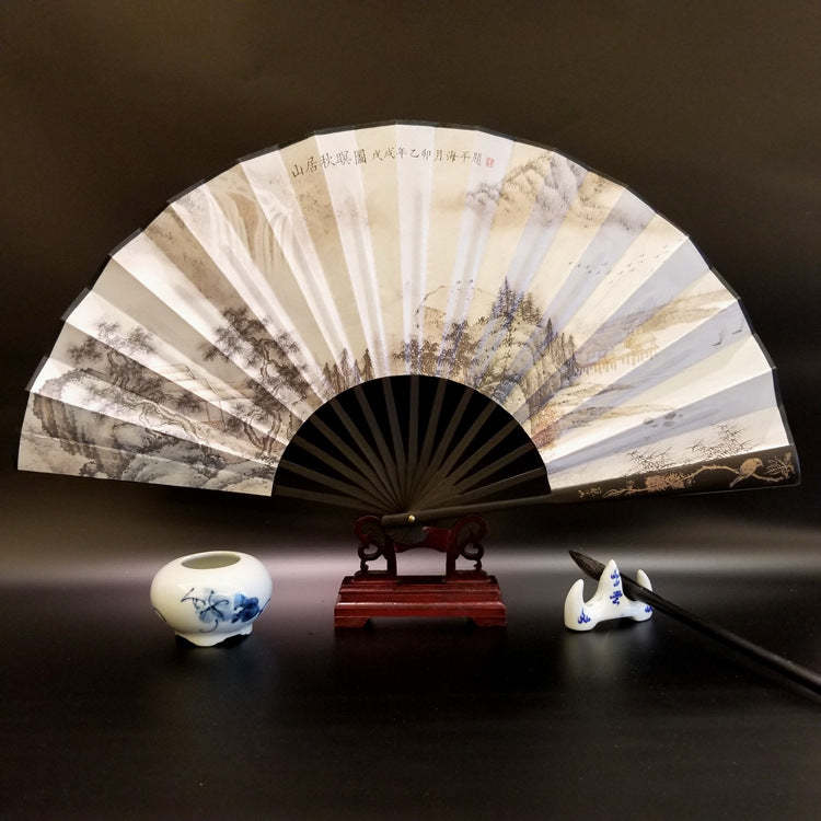 Great Wall Mountains Trees Crane Bamboo Handheld Bamboo Folding Fan 33.5cm