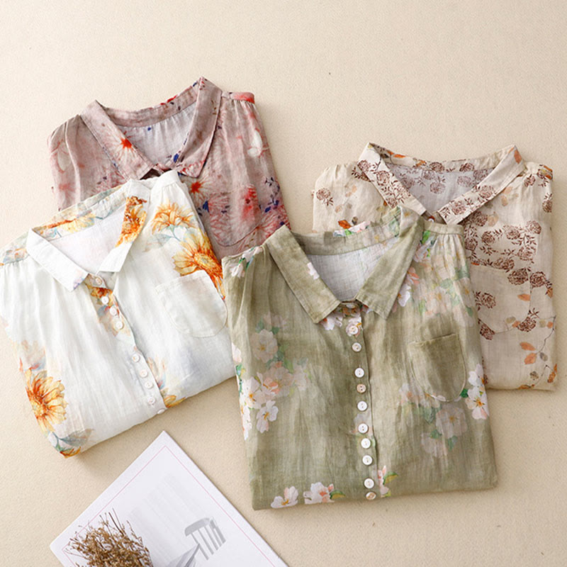 Casual Floral Print Buttons Women's Stand Collar Design Half Sleeve Carbon Fiber Shirt