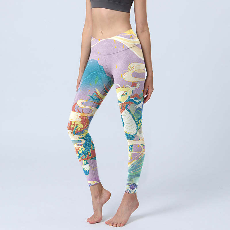 Purple Dragon Auspicious Clouds Print Gym Leggings Women's Yoga Pants