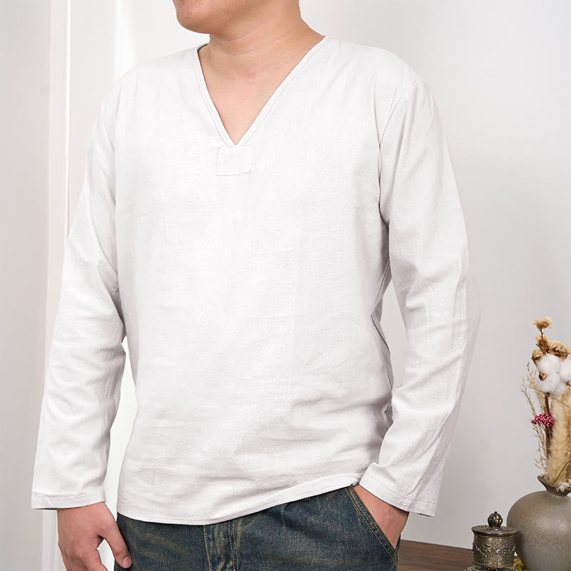 Solid Color V-Neck Long Sleeve Cotton Linen Men's T-shirt