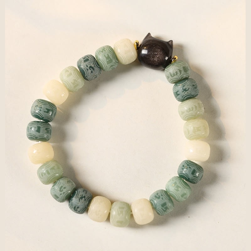 Bodhi Seed Silver Sheen Obsidian Cat Head Om Mani Padme Hum Engraved Harmony Bracelet