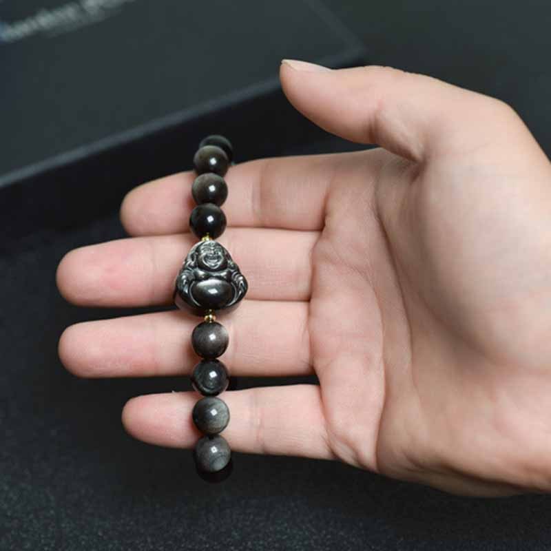 Silver Sheen Obsidian Lotus Flower Nine Tailed Fox Laughing mystic zen Protection Bracelet