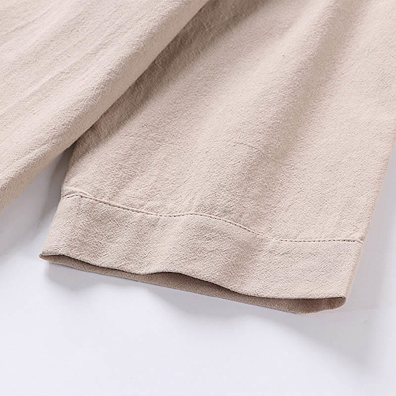 Casual Plain Color Three Quarter Sleeve Front Button Cotton Linen Men's Shirt With Pockets