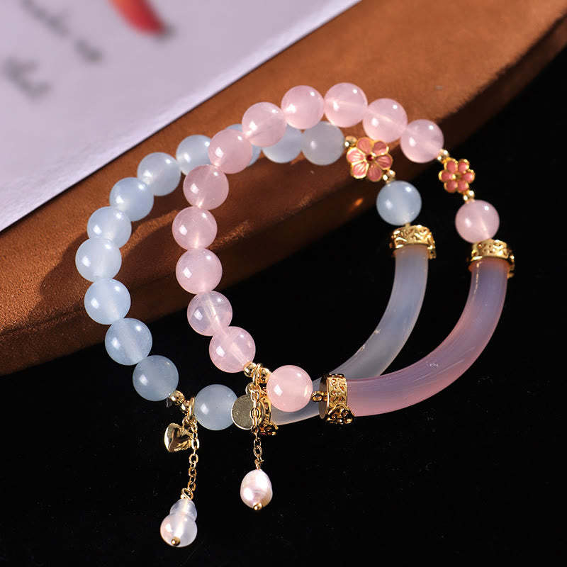 Pink Crystal Blue Chalcedony Pearl Cuff Half Bracelet Bangle