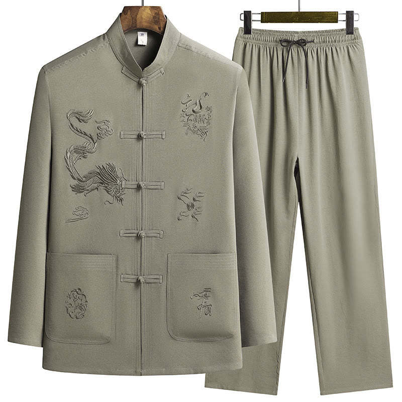 Chinese New Year Embroidered Dragon Frog-button Tang Suit Hanfu Long Sleeve Top Pants Clothing Men's Set
