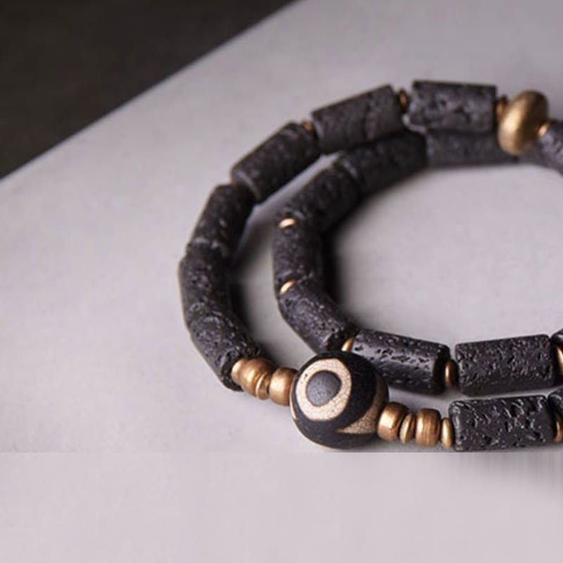 Vintage Lava Rock Three-eyed Dzi Bead Copper Brass Multi-turn Wrap Calm Bracelet
