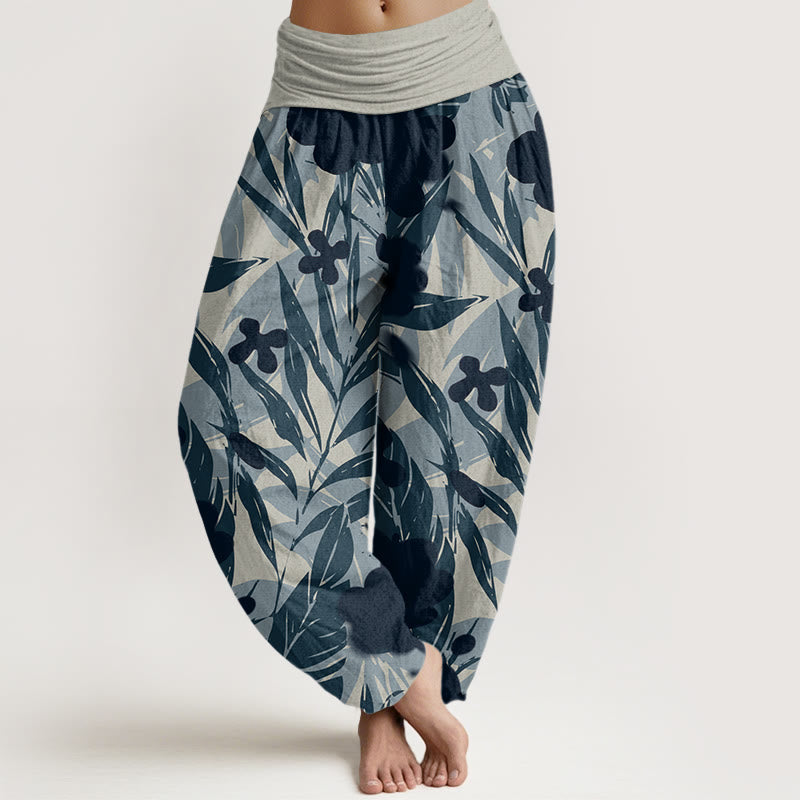 Long Leaves Flowers Pattern Design Women's Elastic Waist Harem Pants