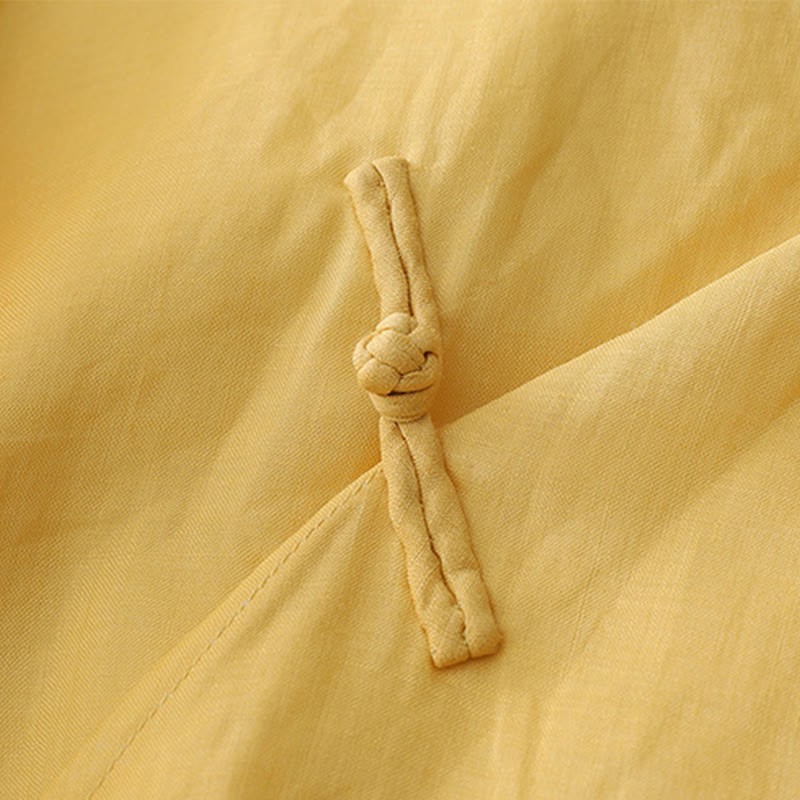 Solid Color Frog-Button Three Quarter Sleeve Double Layer Cotton Linen Shirt