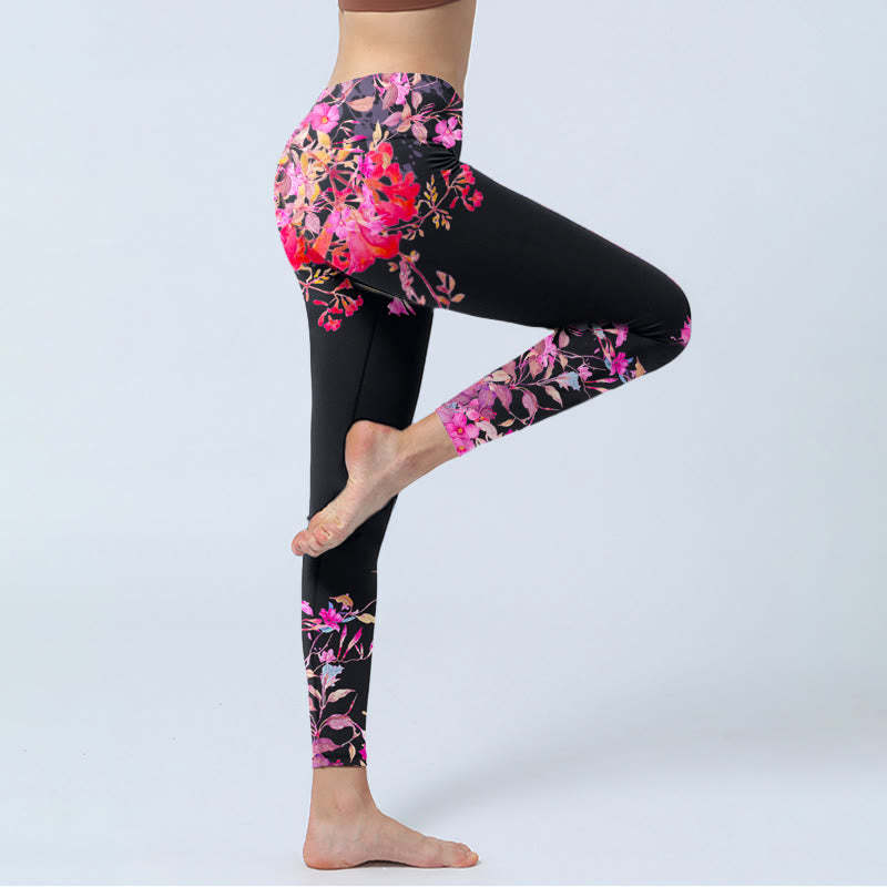 Black Pink Floral Leaves Print Gym Leggings Women's Yoga Pants