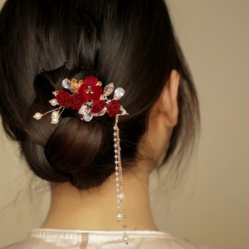 Retro Chinese Style Red Camellia Flower Tassel Side Hair Clip