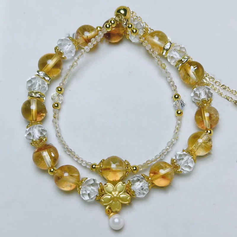 Natural Citrine Glass Beads Flower Multiple Layers Prosperity Bracelet