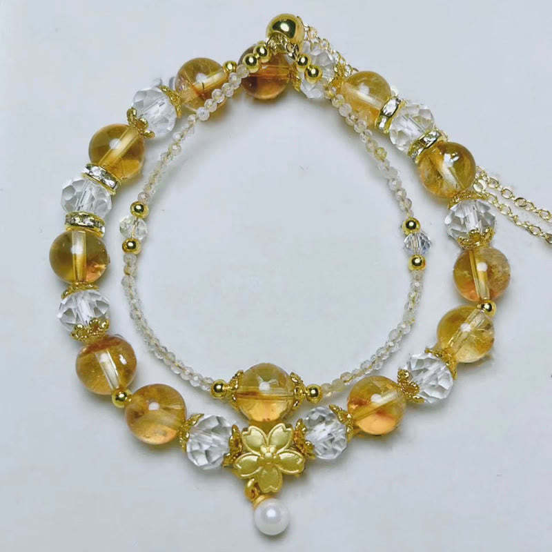 Natural Citrine Glass Beads Flower Multiple Layers Prosperity Bracelet