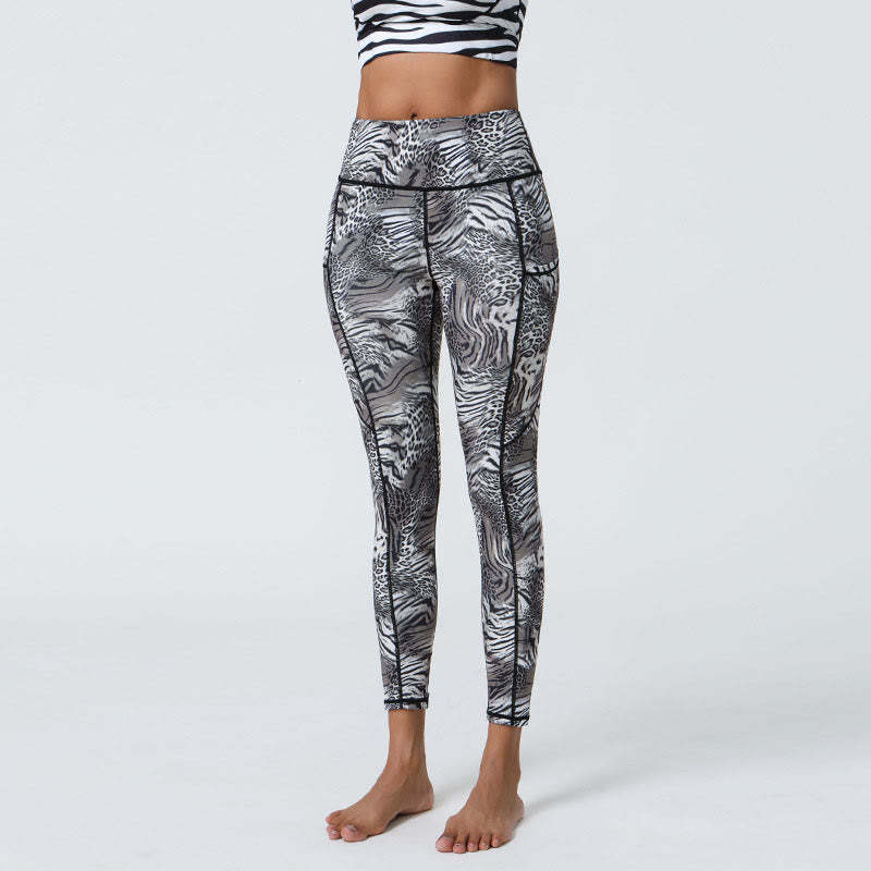 Rose Lines Tiger Leopard Print Sports Fitness High Waist Leggings Women's Yoga Pants With Pockets