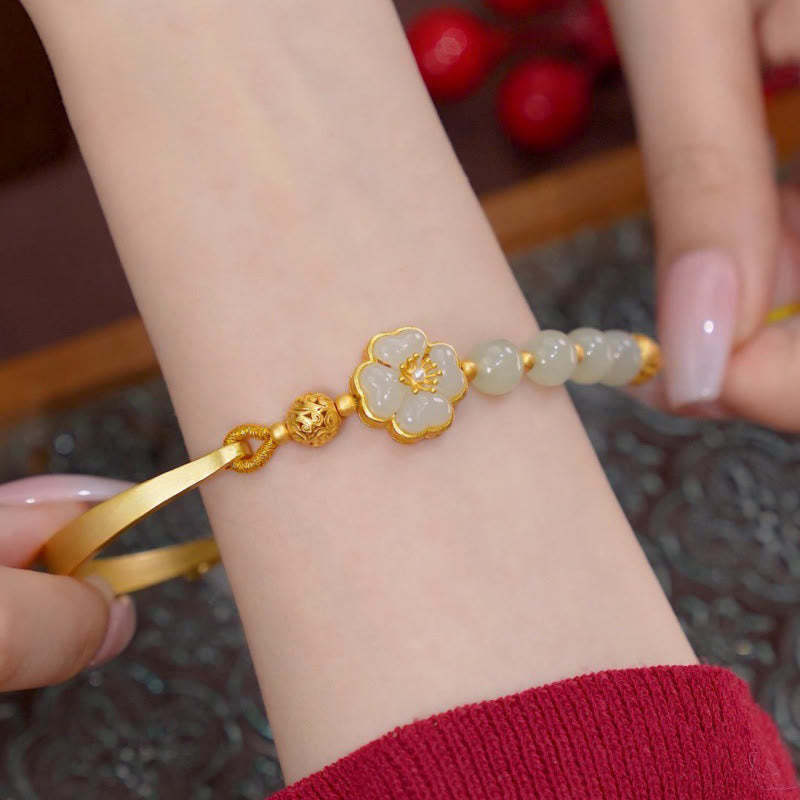 Hetian Jade 925 Sterling Silver Flower Luck Cuff Half Bracelet Bangle