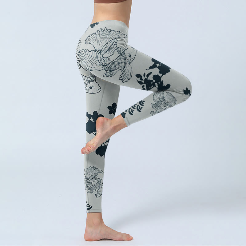 Gray Koi Fish Floral Waves Print Gym Leggings Women's Yoga Pants