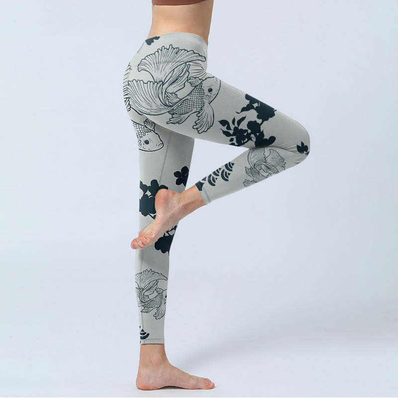 Gray Koi Fish Floral Waves Print Gym Leggings Women's Yoga Pants