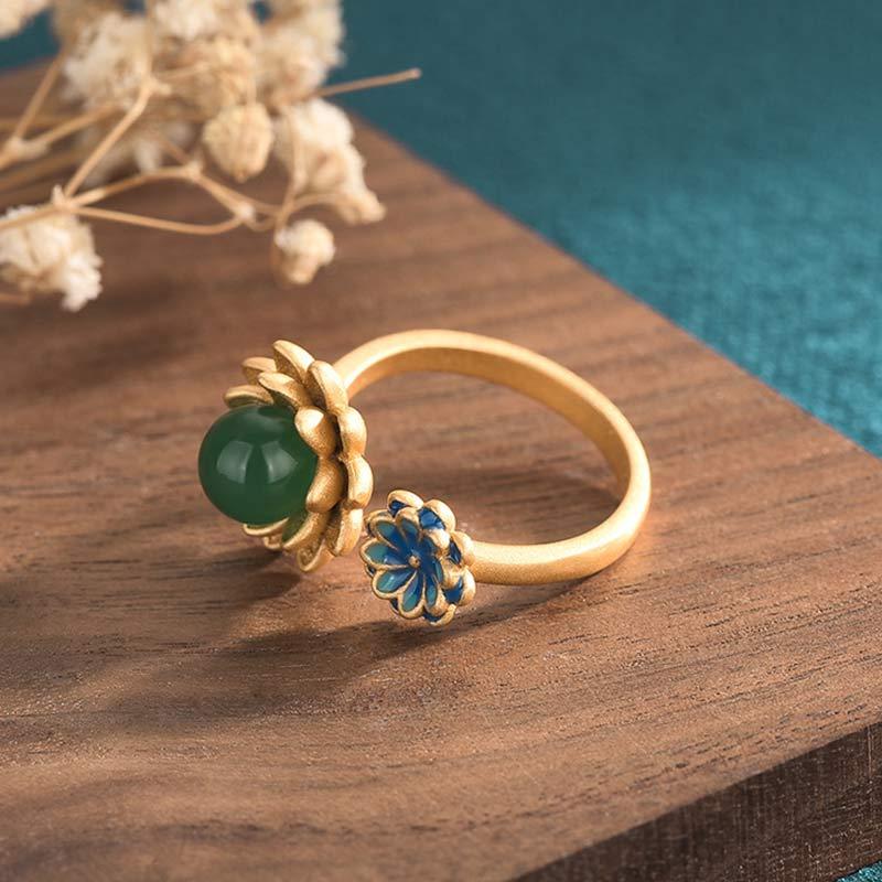 Lotus Pattern Jade Abundance Adjustable Ring