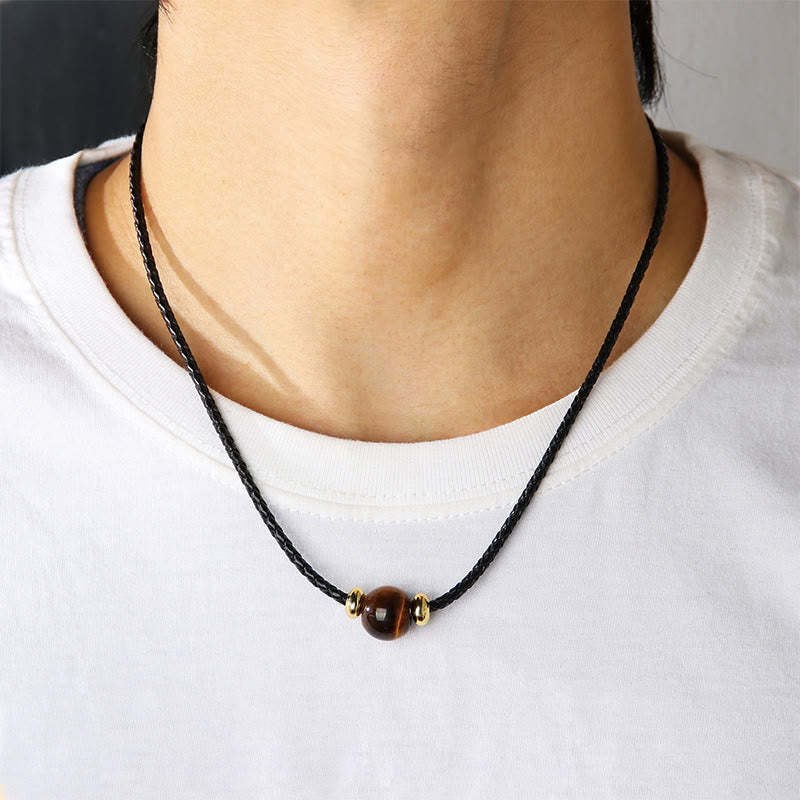 Natural Tiger Eye Beaded Protection Wax Rope Necklace Pendant