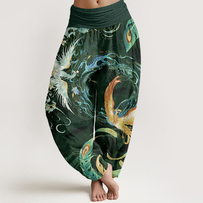 Phoenix Flower Pattern Women's Elastic Waist Harem Pants