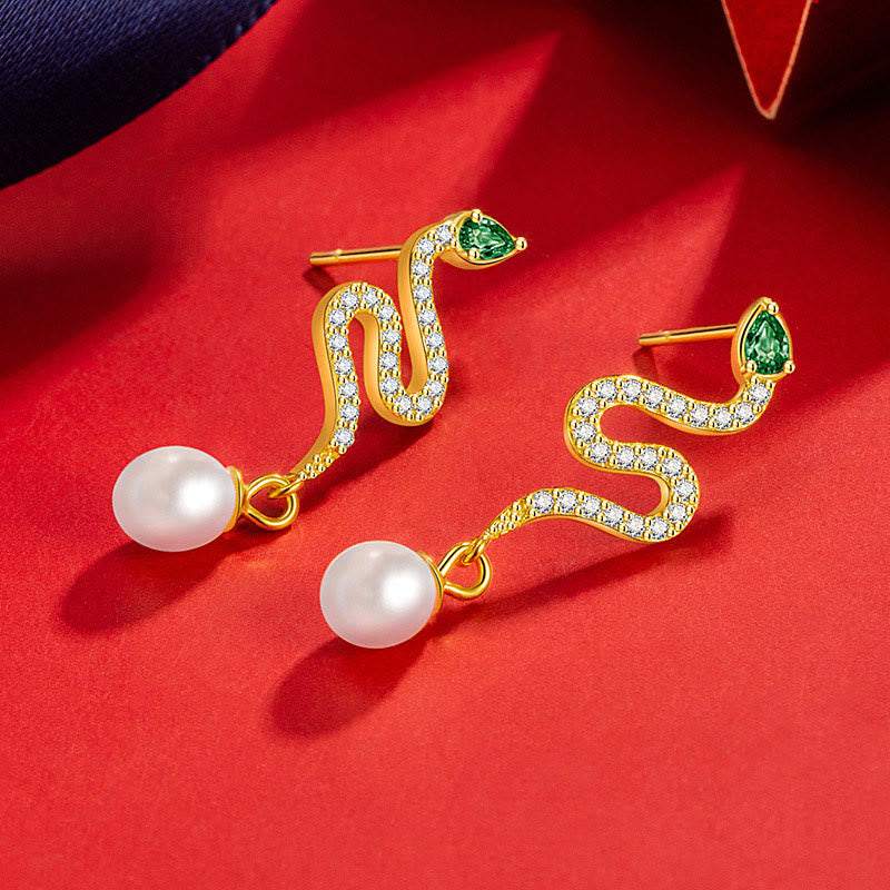 925 Sterling Silver Pearl Year Of The Snake Blessing Earrings