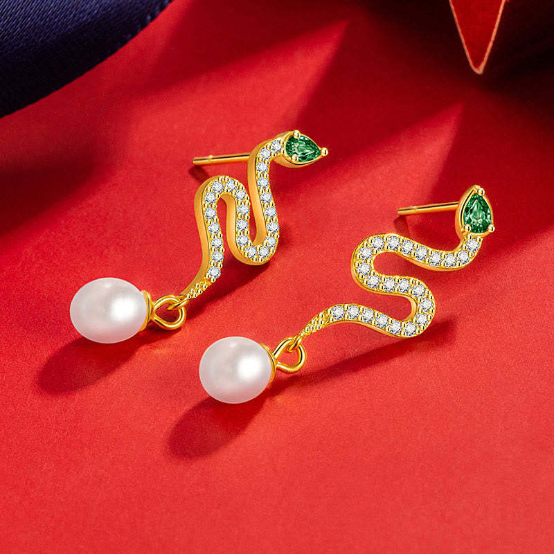 925 Sterling Silver Pearl Year Of The Snake Blessing Earrings