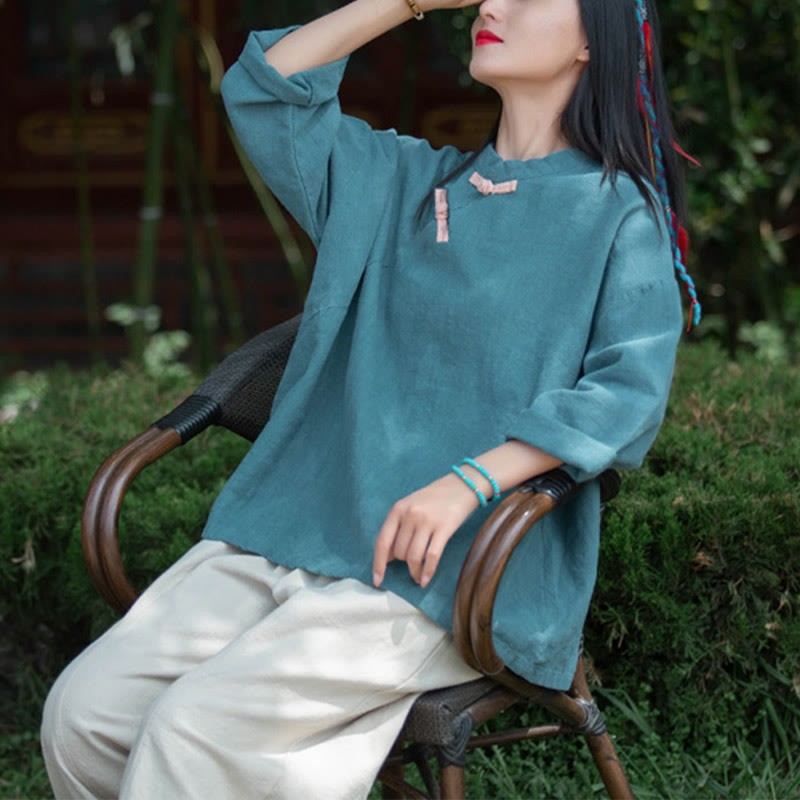 Ramie Linen Loose Blouse Women Long Sleeve Shirt Chinese Hanfu Top