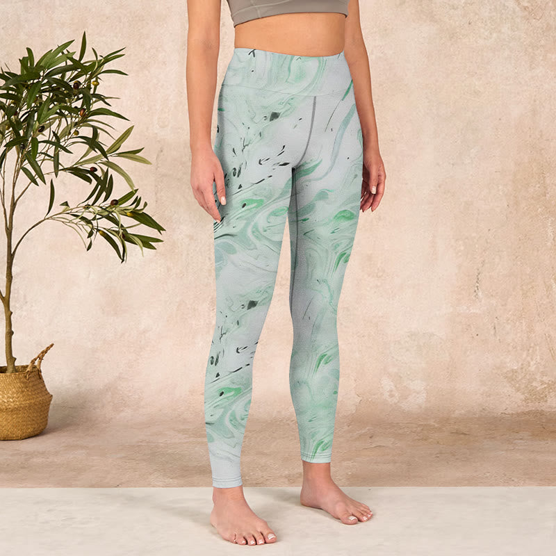 Honeydew Green White Flow Line Print Exercise Leggings Women's Yoga Pants