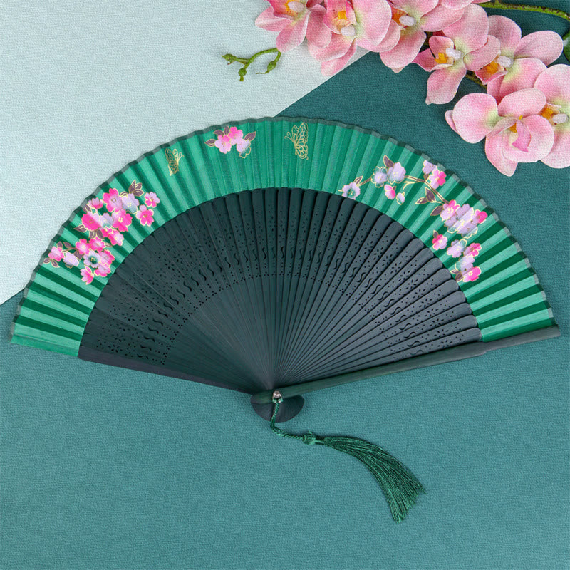 Cherry Blossom Sakura Camellia Handheld Silk Bamboo Folding Fan 21cm