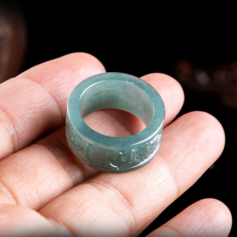 Natural Jade Om Mani Padme Hum Carved Prosperity Ring