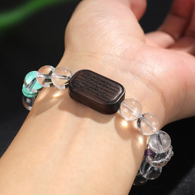 White Crystal Ebony Wood Sak Yant Zashi Lhamo Healing Bracelet