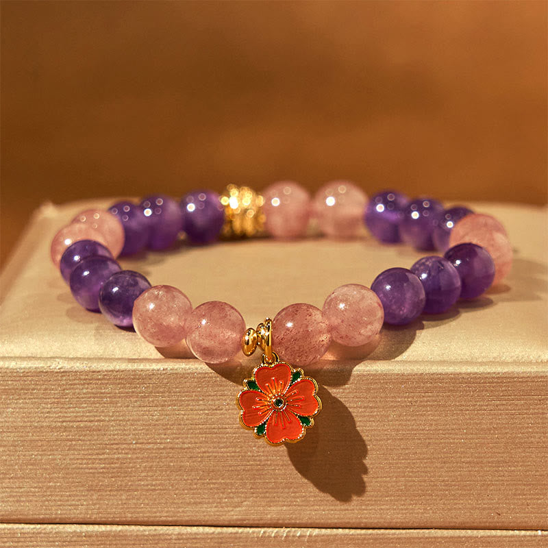 Year of the Snake Amethyst Strawberry Quartz Flower Charm Healing Bracelet