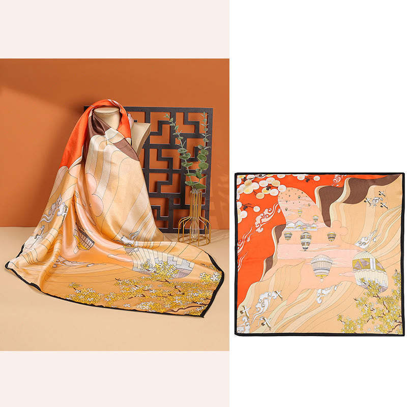 Pastoral Scene Hot Air Balloon Spring Blossom 100% Mulberry Silk Neck Hair Scarf