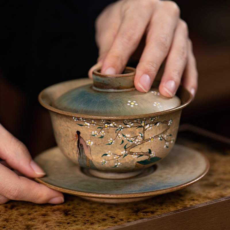 Jingdezhen Hand Painted Ru Kiln Porcelain Hanfu Girl Flower Ceramic Gaiwan Sancai Teacup Kung Fu Tea Cup And Saucer With Lid
