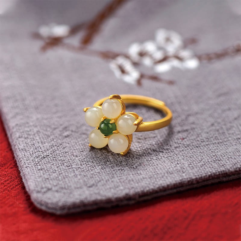 925 Sterling Silver Natural Hetian Jade Peach Blossom Flower Luck Adjustable Ring