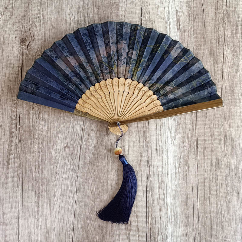 Flower Persimmon Bamboo Leaves Xiangyunsha Silk Handheld Bamboo Folding Fan