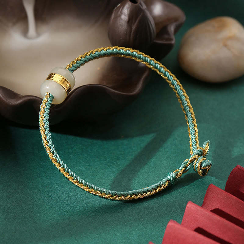999 Gold Hetian White Jade Om Mani Padme Hum Fu Character Luck Braided Bracelet