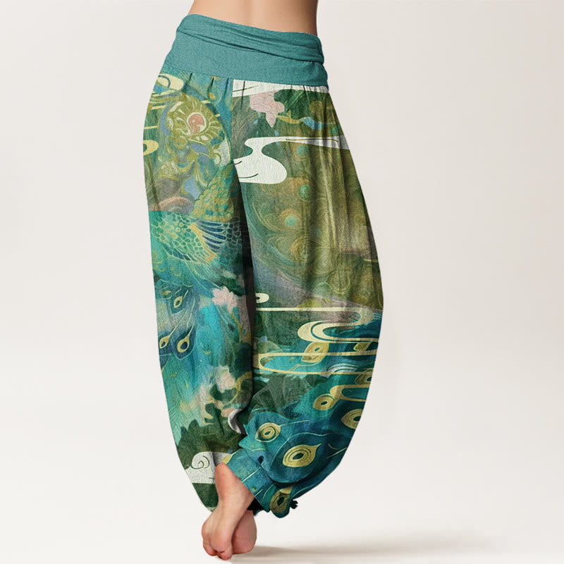 Vibrant Peacock Auspicious Clouds Pattern Women's Elastic Waist Harem Pants