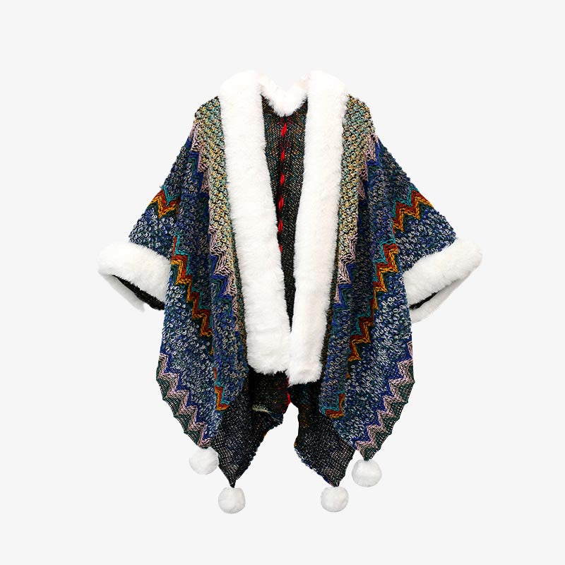 Tibetan Multicolored Wavy Lines Knitted Striped Shawl Coat Winter Cozy Travel Scarf Wrap