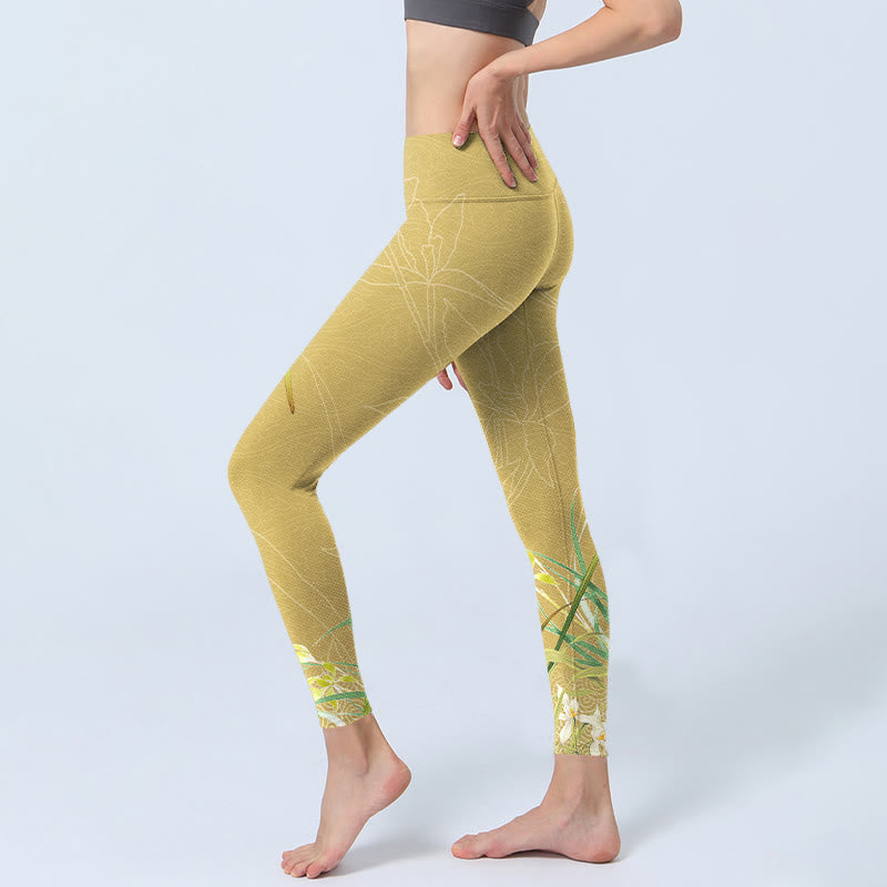 Yellow Orchid Flowers Weeping Leaves Print Gym Leggings Women's Yoga Pants