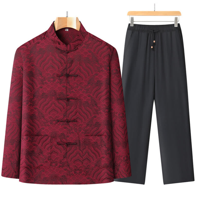 2Pcs Auspicious Clouds Waves Tang Suit Men's Frog-Button Long Sleeve Shirt Pants Set
