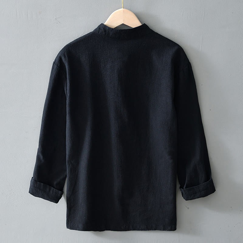 Frog-Button Chinese Tang Suit Ramie Linen Cotton Men Jacket Shirt With Pockets
