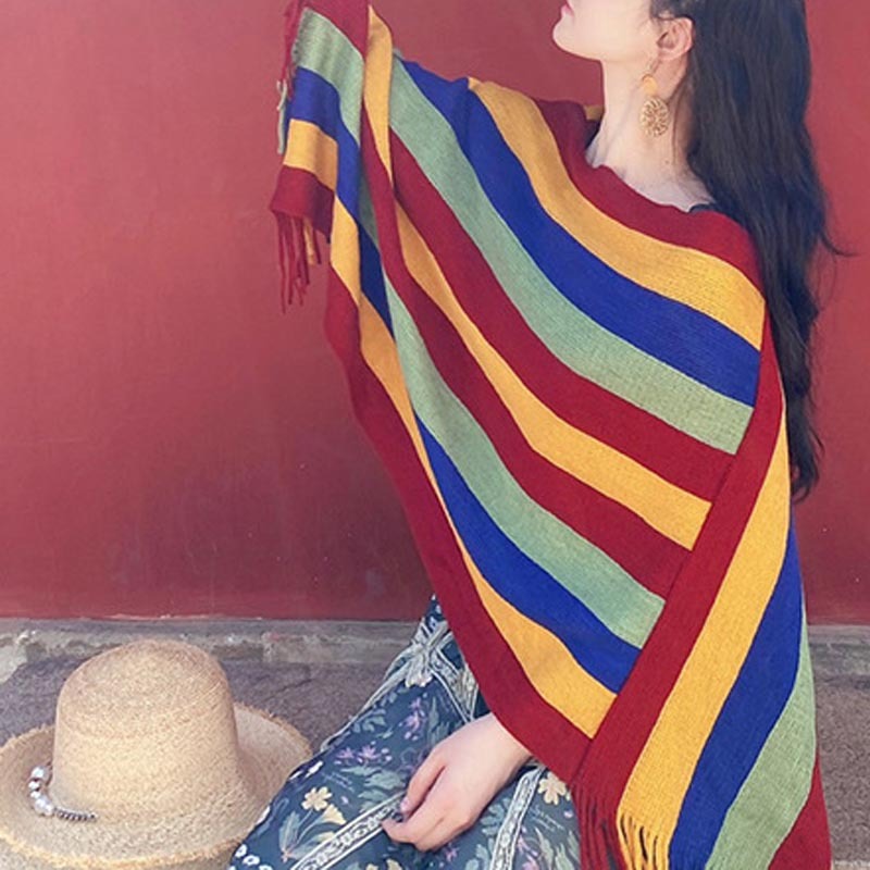 Tibetan Colorful Striped Design Shawl Tassels Pullover Winter Cozy Travel Scarf Wrap