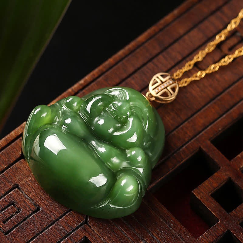 925 Sterling Silver Laughing mystic zen Hetian Cyan Jade 18K Gold Success Necklace Chain Pendant
