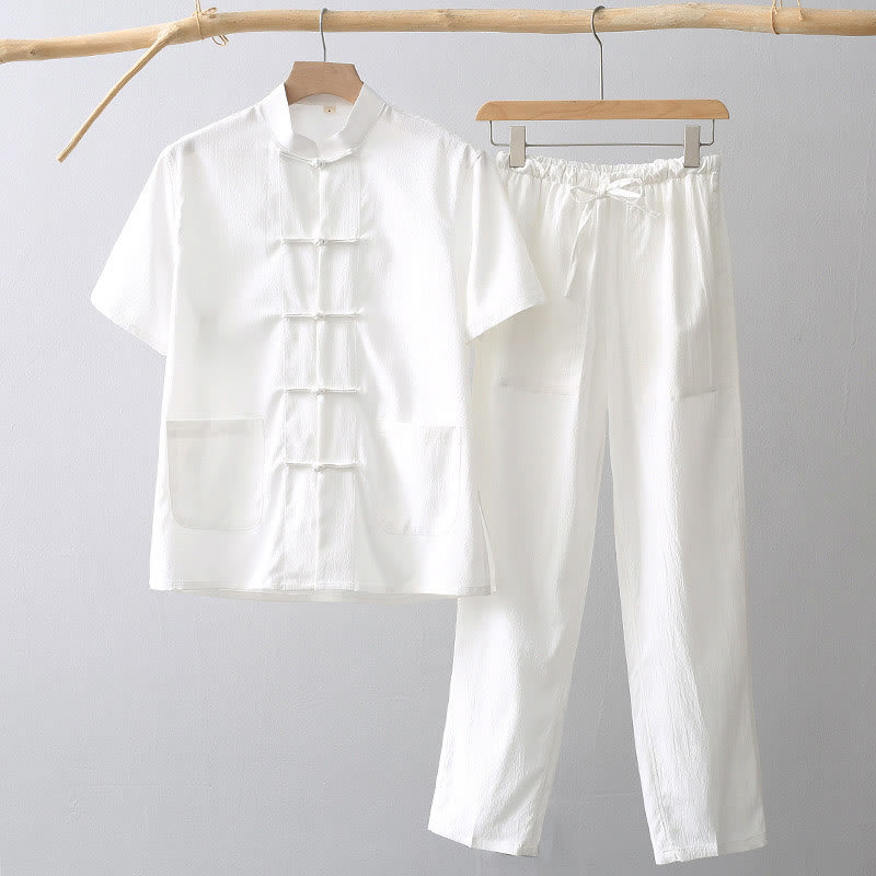 Tang Frog-Button Short Sleeve Shirt Wide Leg Pants Men's Suit
