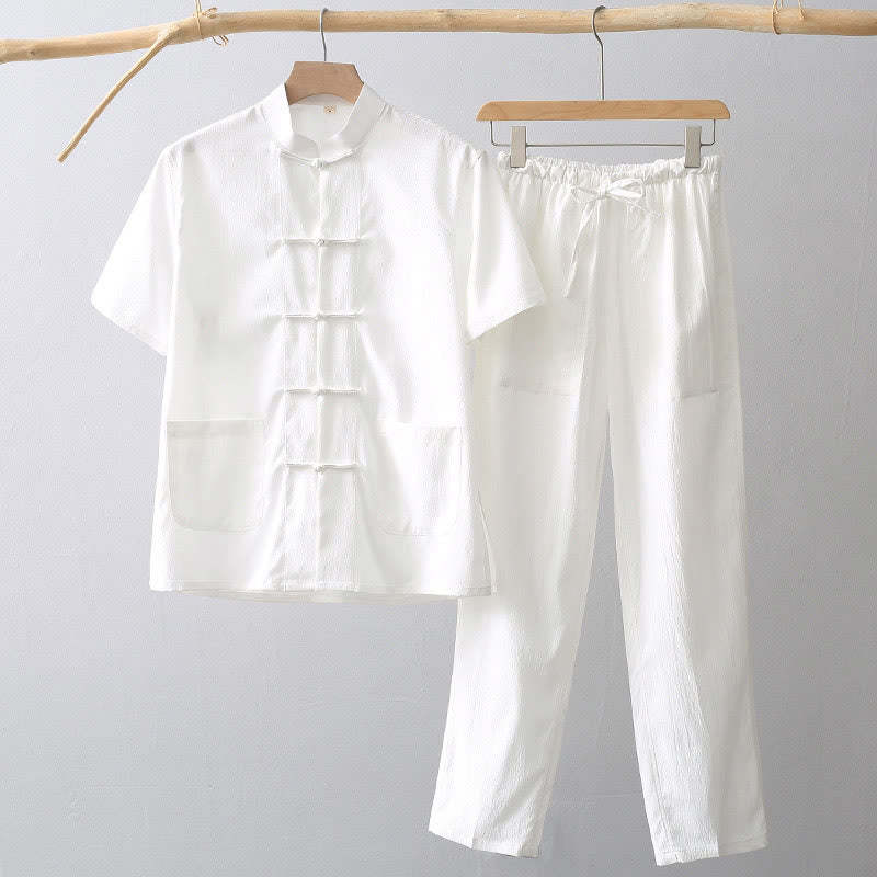 Tang Frog-Button Short Sleeve Shirt Wide Leg Pants Men's Suit