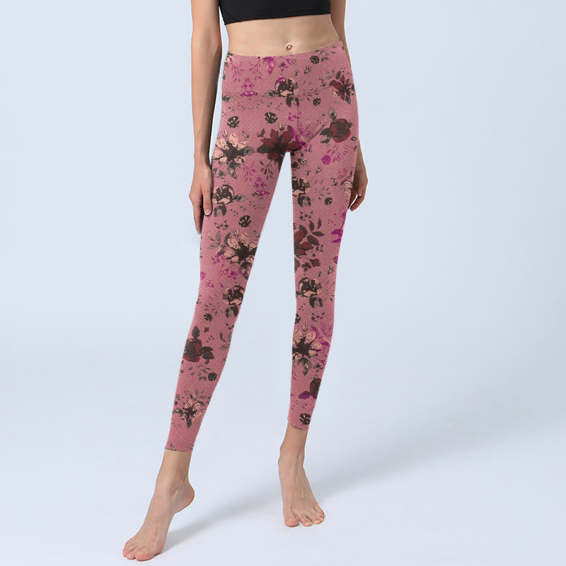 Red Roses Pink Leaves Print Sports Fitness Leggings Women's Yoga Pants