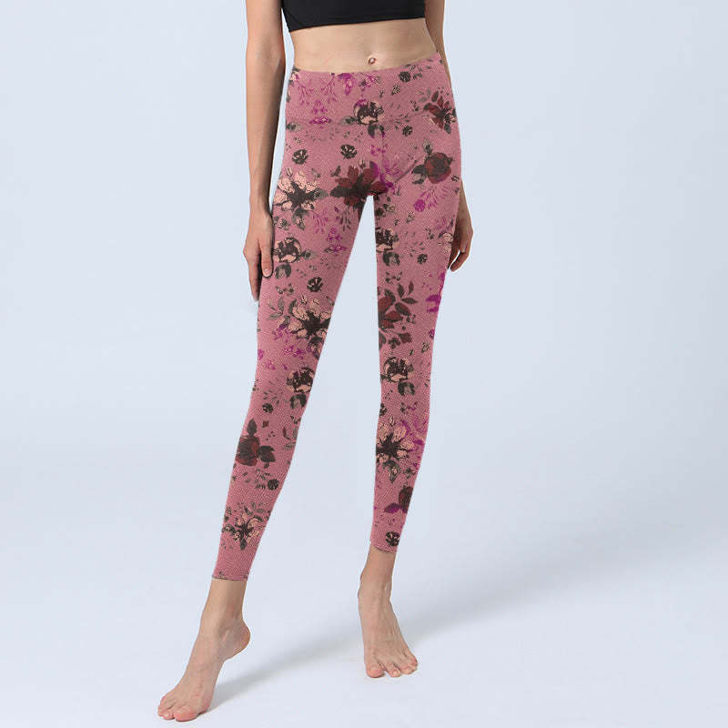 Red Roses Pink Leaves Print Sports Fitness Leggings Women's Yoga Pants