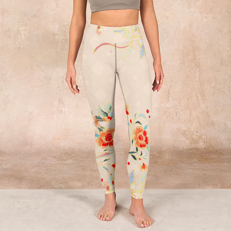 Apricot Butterfly Peony Flowers Leaves Print Gym Leggings Women's Yoga Pants