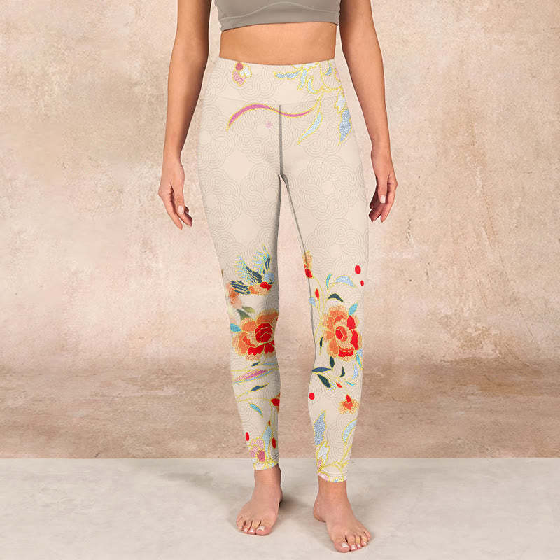 Apricot Butterfly Peony Flowers Leaves Print Gym Leggings Women's Yoga Pants